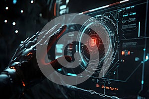 Futuristic Hand Interacting with Holographic AI Interface. Digital Technology and Big Data Visualization Concept