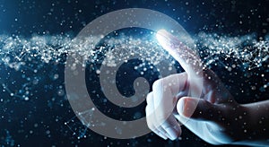 Futuristic hand touching digital data stream futuristic technology concept glowing touchscreen interaction
