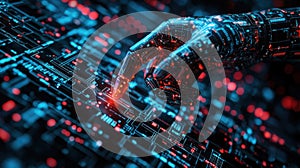 Futuristic Hand Touching Digital Interface with Circuit Patterns