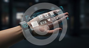 Futuristic hand with transparent screen technology interface displaying icons and data