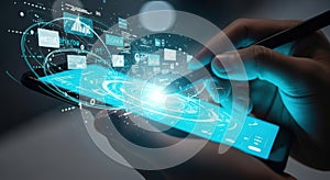 Futuristic hand using a glowing smartphone with digital data streams connecting to abstract network elements