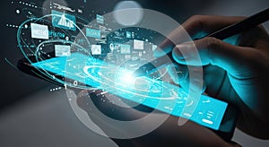 Futuristic hand using a glowing smartphone with digital data streams connecting to abstract network elements