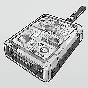 Futuristic handheld device with various dials, graphs, and displays on the front panel.