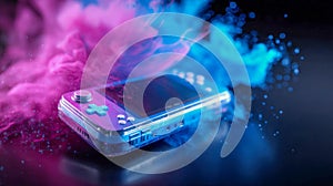 Futuristic handheld game console with glowing lights surrounded by colorful smoke