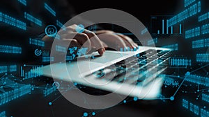Futuristic Hands Typing on Laptop with Digital Data Visualization and Technology Elements Representing cyber security