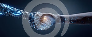 The futuristic handshake between human and robotic hand showcasing advanced technology..AI generated image