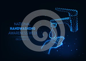 Futuristic handwashing banner with glowing low polygonal human hand, water drop and bathroom faucet.