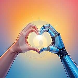 Futuristic Harmony: Human and Robotic Hands Forming Heart Shape Against Vibrant Gradient Background photo