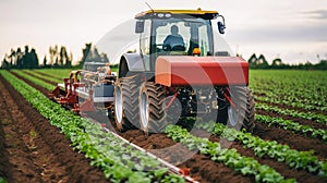 Futuristic harvesting machines in a vegetable field. Concept of agriculture in the future.