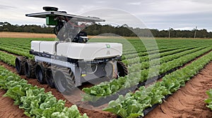 Futuristic harvesting machines in a vegetable field. Concept of agriculture in the future.