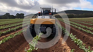 Futuristic harvesting machines in a vegetable field. Concept of agriculture in the future.