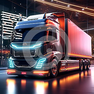 Futuristic Haul: Autonomic Euro Semi-Truck with Cargo Trailer - State-of-the-Art Night Vision (3D Render