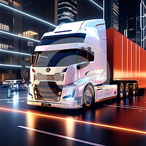 Futuristic Haul: Autonomic Euro Semi-Truck with Cargo Trailer - State-of-the-Art Night Vision (3D Render