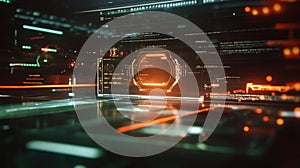 Futuristic head up display showing programming code in virtual reality interface