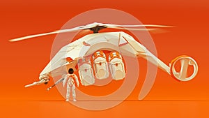 Futuristic Helicopter Hovering White an Orange with Advanced Crew Member with Black Visor