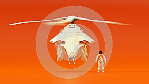 Futuristic Helicopter Hovering White an Orange with Advanced Crew Member with Black Visor