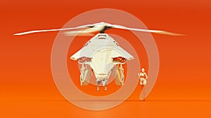 Futuristic Helicopter Hovering White an Orange with Advanced Crew Member with Black Visor