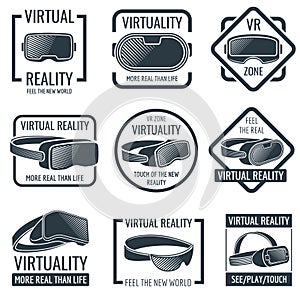 Futuristic helmet virtual reality headset logos. Vr glasses head-mounted display vector labels