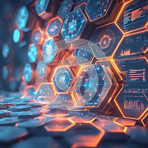Futuristic Hexagon Grid with Digital Data Display Generative AI