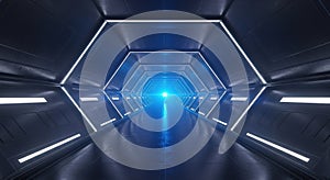 Futuristic hexagonal corridor with bright blue light at the end