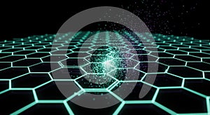 Futuristic Hexagonal Grid Network with Glowing Digital Data Flow â Technology, AI, Blockchain, Quantum Computing Concept
