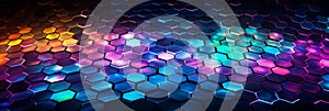 Futuristic Hexagonal Neon Background. Abstract Colorful Hexagon Pattern With Neon Lighting. Hexagonal Wallpaper
