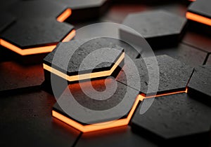 Futuristic hexagonal pattern with glowing orange edges abstract geometric texture background