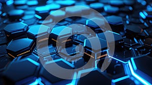 Futuristic hexagonal patterns glow with blue neon lights, creating an abstract backdrop. Ai Generated