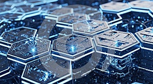 Futuristic Hexagonal Technology Network, Blue Circuit Board Pattern, Digital Data Flow