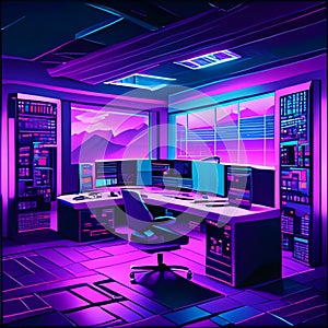 Futuristic hi-tech office interior with computer and server room. Vector illustration Generative AI