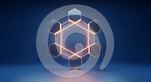 Futuristic 3D Render: Glowing Hexagonal Structure for Technology, Data, and Seamless Network Connectivity