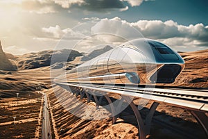 a futuristic high-speed magnetic train flies on monorails through a mountainous landscape on a sunny day, Generative AI