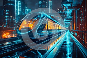 Futuristic high-speed train in neon-lit urban nightscape