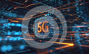 Futuristic high-tech 5G network background with data visualization, glowing lines, and digital elements
