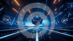 Futuristic High-Tech Competition: Metallic Spheres, Geometric Cubes, and Transparent Pyramids Clash in Dynamic Arena photo