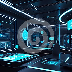 Futuristic High-Tech Control Room Interface Neon Blue Cyber Technology Dashboard Background