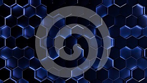 Futuristic, High Tech, dark background, with a hexagon block light. Wall texture with a 3D hexagon tile pattern. 3D