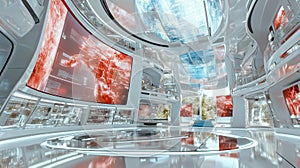 Futuristic high-tech hub with digital interfaces