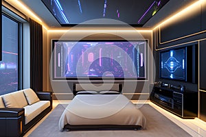 Futuristic High Tech Luxury Cyberpunk Sci Fi Living Room Modern Interior Bedroom, AI Generative