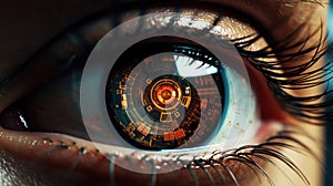 a futuristic, high-tech microchip in the human eye, symbolizes the integration of technology and human biology. Concept