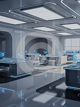 Futuristic High-Tech Office, Sleek Modern Research Lab