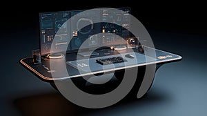 Futuristic high-tech workstation with advanced data display interface setup