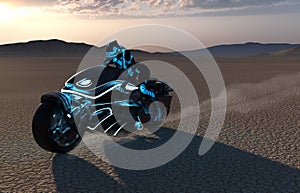 Futuristic hightech female biker on motorcycle speeding through a desert at sunset