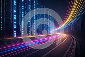 Futuristic Highway with Binary Code and Neon Light Trails at Night