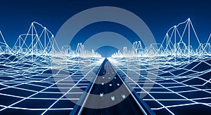 Futuristic Highway on Digital Landscape, Abstract Glowing Blue Grid, Data Visualization, Communication Network