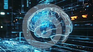Futuristic Hologram of Brain with Dynamic Data Visualization