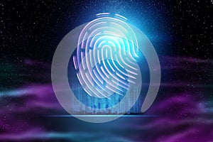 Futuristic hologram fingerprint, blue, ultraviolet. Concept of fingerprint, biometric, information technology and cyber security,