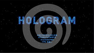 Futuristic Hologram HUD blue vector font design. English alphabet with hologram effect. Digital hi-tech style letters photo