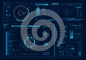 Futuristic hologram ui. Science hud interfaces, graph interface frames and tech regulators or button design elements photo