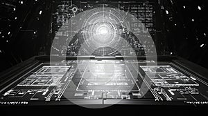 Futuristic hologram user interface displaying digital data on a console dashboard